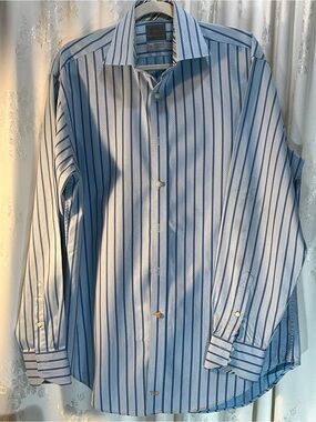 Thomas Dean Light Blue and Navy Vertical Stripe Dress Shirt